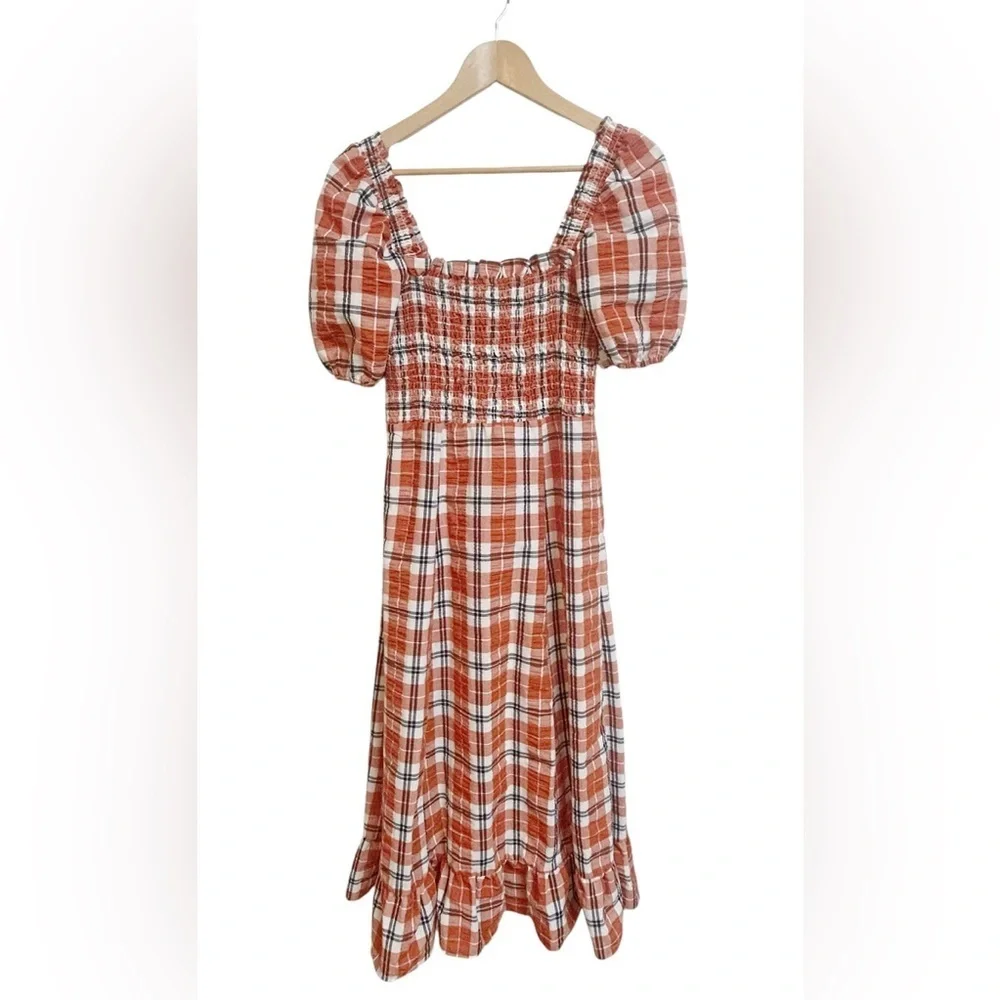 Fall Plaid Dress Smocked Bohemian Maxi Dress Orange Navy Combo Size M - Picture 2 of 11